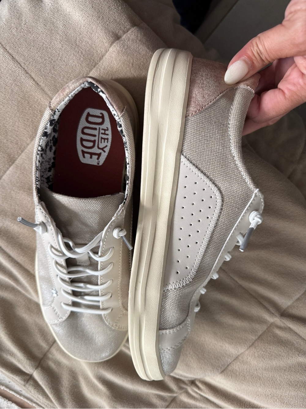 Hey Dude Katrina Shimmer Platinum Women's Cream Lace-Up Athletic Sneakers - Picture 2 of 5